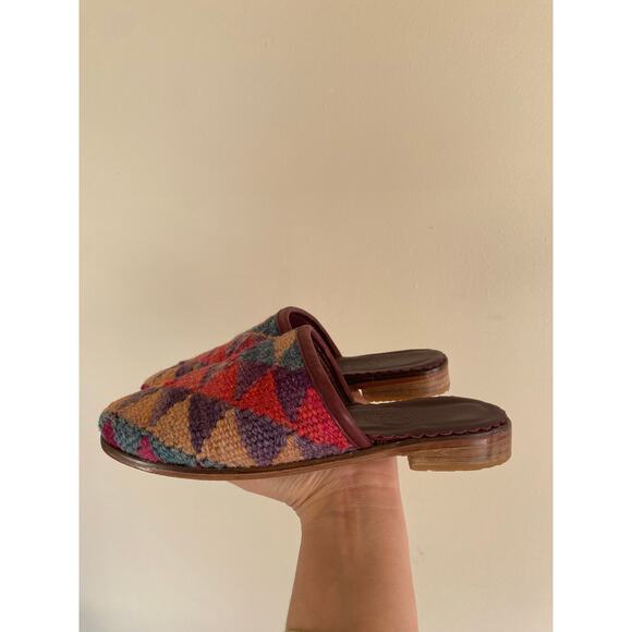 Turkish kilim tapestry carpet mules wool leather geometric size 35/36 5-6 US - Picture 3 of 7